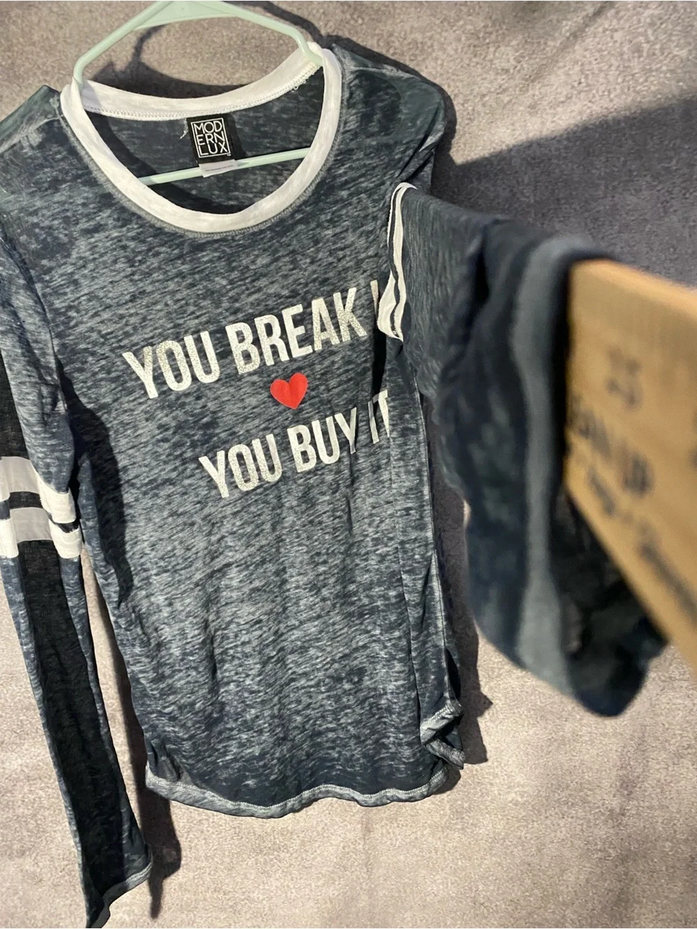 Modern Lux Large Gray Burnout Shirt You Break It You Buy It Striped Long Sleeve